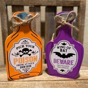 Halloween Potion Bottles Set Of 2, Pick Your Poison, Wing Of Bat, Wood Decor